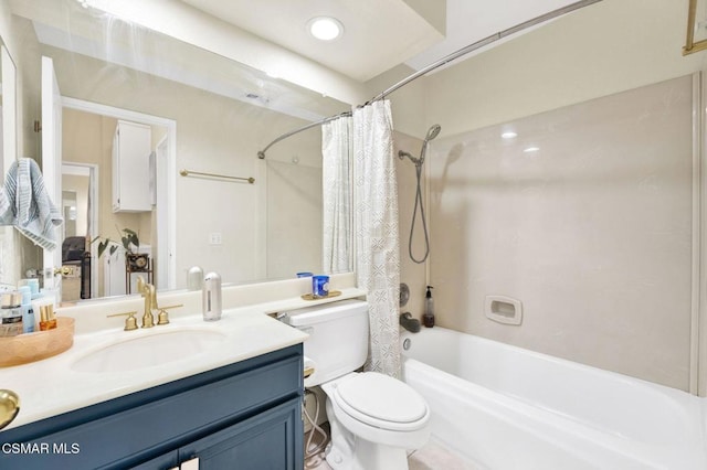 full bathroom with shower / bath combination with curtain, vanity, and toilet