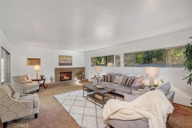 living room featuring plenty of natural light, light colored carpet, and an AC wall unit