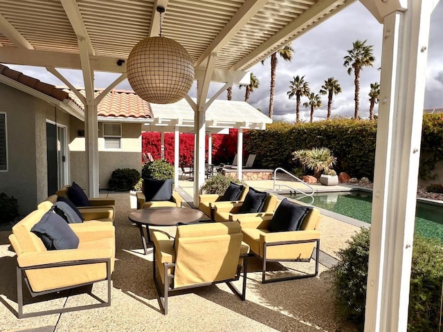 view of patio featuring a fenced in pool, outdoor lounge area, and a pergola