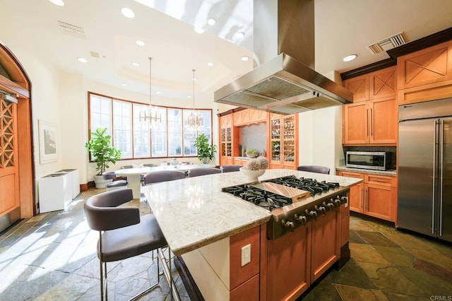 kitchen featuring hanging light fixtures, stainless steel appliances, a center island, light stone counters, and island range hood