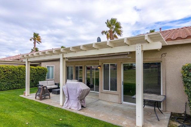 rear view of property featuring an outdoor living space, a pergola, a patio area, and a lawn