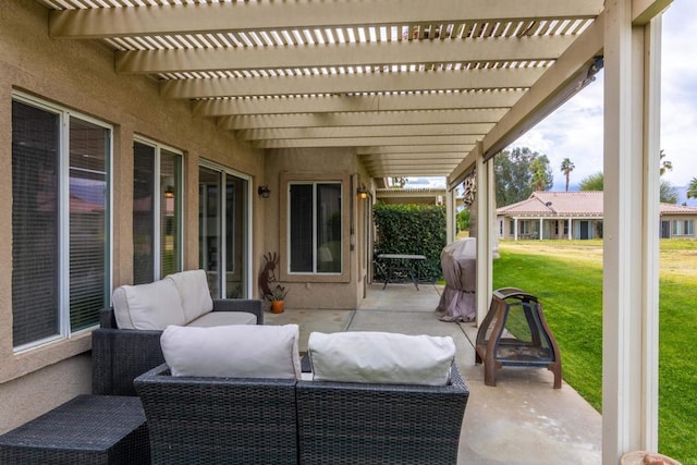 view of patio featuring outdoor lounge area and a pergola