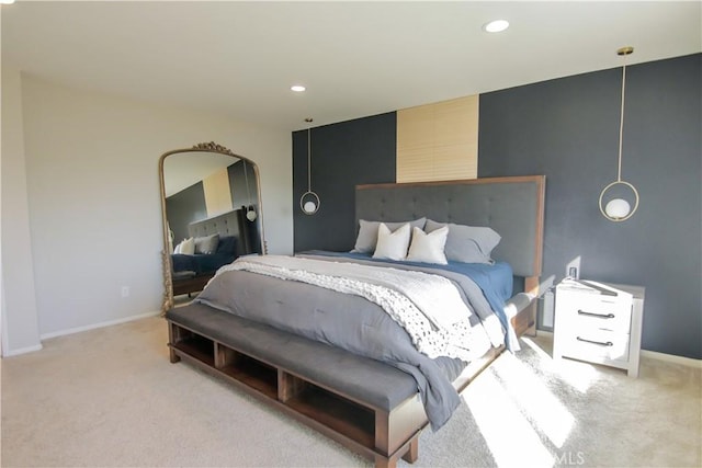 bedroom with light colored carpet