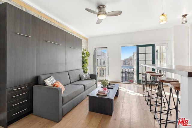 living room featuring ceiling fan and light hardwood / wood-style flooring