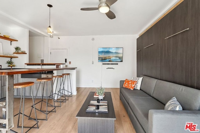 living room featuring ceiling fan and light wood-type flooring