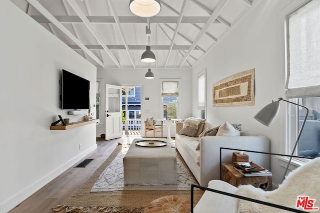 living room with coffered ceiling, dark hardwood / wood-style flooring, and beam ceiling