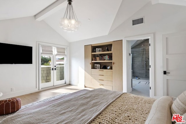 bedroom featuring connected bathroom, light hardwood / wood-style flooring, access to exterior, a notable chandelier, and french doors