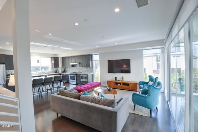 living room with dark wood-type flooring and a wealth of natural light