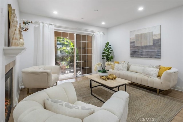 living room featuring wood-type flooring and a tile fireplace