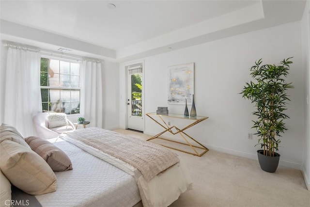 bedroom featuring multiple windows, a tray ceiling, access to outside, and light colored carpet