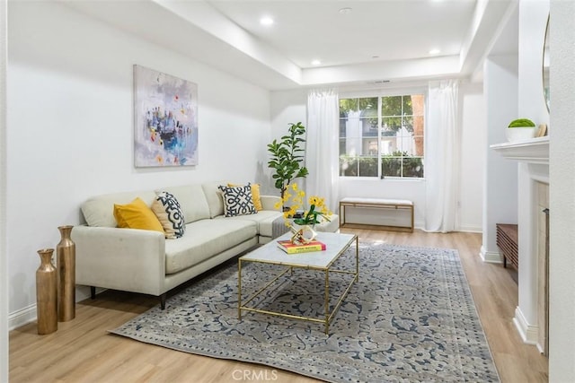 living room with a tray ceiling and light hardwood / wood-style flooring