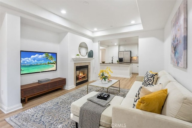 living room featuring sink, light hardwood / wood-style floors, and a tray ceiling