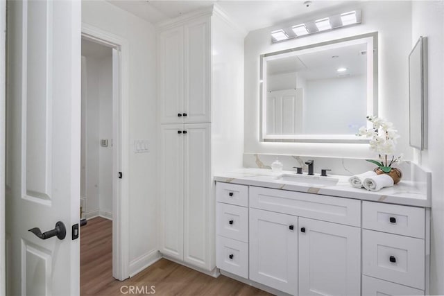 bathroom with vanity and wood-type flooring