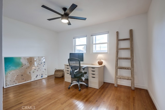 unfurnished office featuring ceiling fan and light wood-type flooring