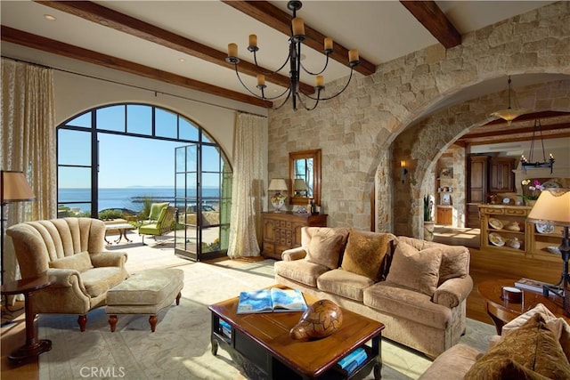 building lobby featuring a water view