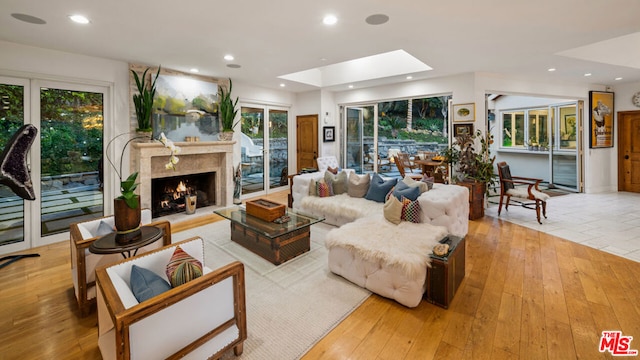 living room with a fireplace, light wood-type flooring, and a skylight