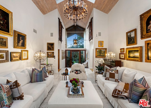 living room with an inviting chandelier, wood ceiling, and high vaulted ceiling