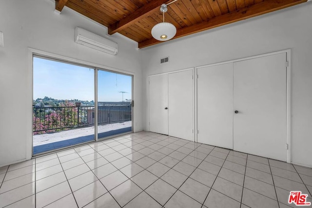 unfurnished bedroom featuring wood ceiling, a wall mounted air conditioner, light tile patterned floors, and access to outside