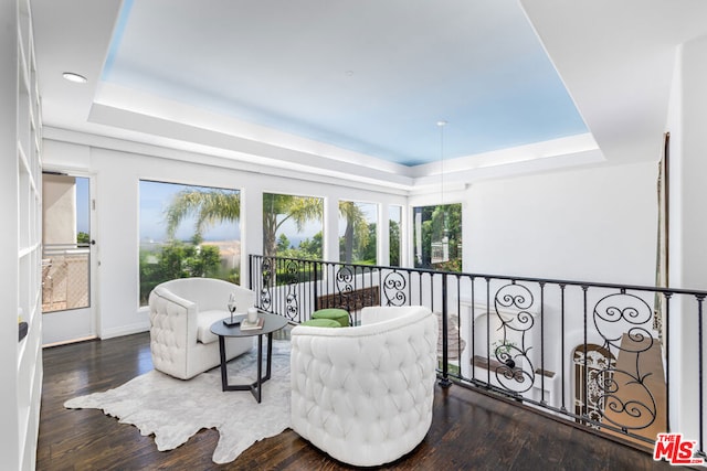 sitting room featuring a wealth of natural light, dark wood-type flooring, and a raised ceiling