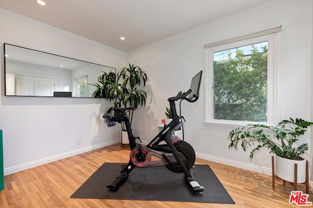 workout area with light hardwood / wood-style floors