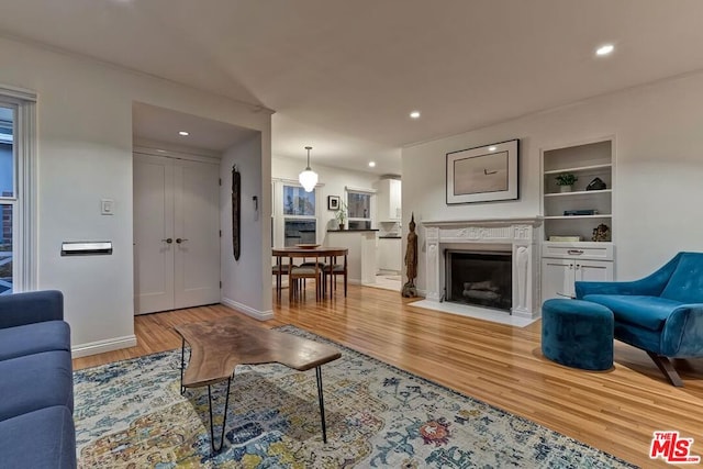 living room featuring light hardwood / wood-style floors and built in shelves