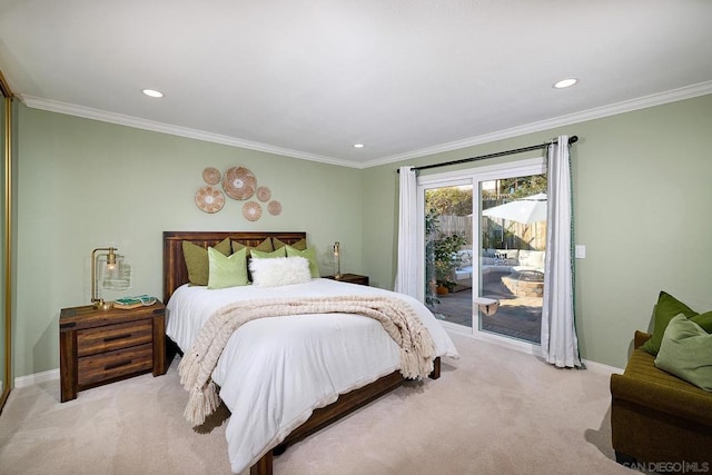 bedroom featuring crown molding, light colored carpet, and access to exterior