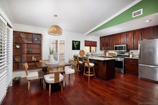 kitchen featuring a wealth of natural light, decorative light fixtures, lofted ceiling, kitchen peninsula, and stainless steel appliances