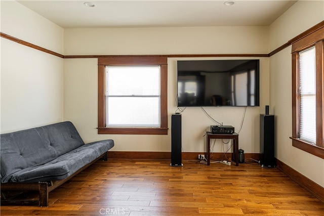 living area featuring hardwood / wood-style flooring and a healthy amount of sunlight