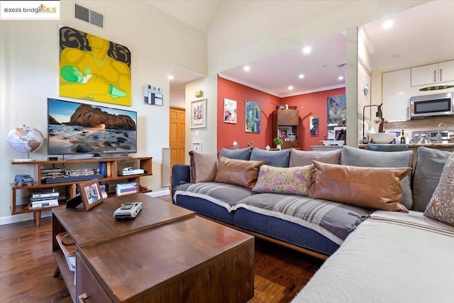 living room featuring lofted ceiling and dark hardwood / wood-style floors