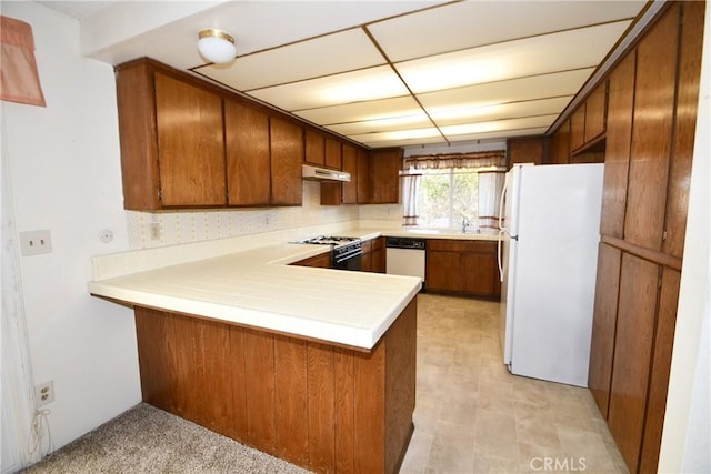 kitchen featuring white appliances and kitchen peninsula