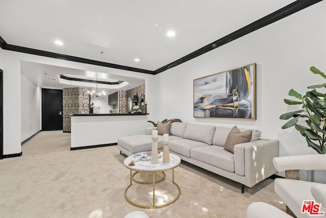 carpeted living room featuring ornamental molding