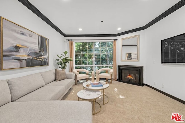 living room featuring crown molding and carpet flooring