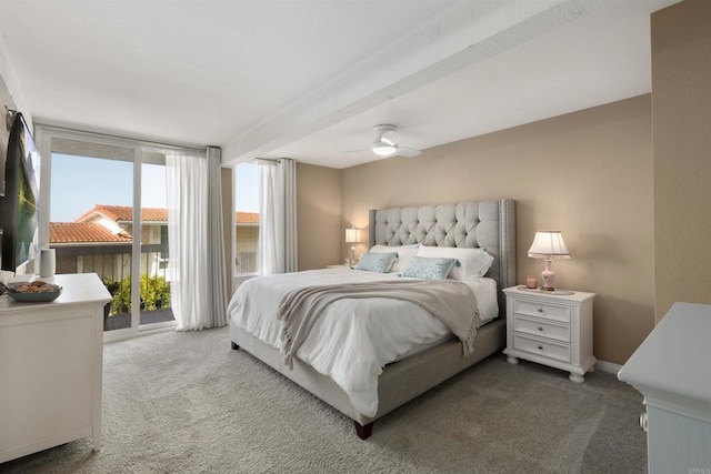 carpeted bedroom with baseboards, floor to ceiling windows, a ceiling fan, and access to exterior