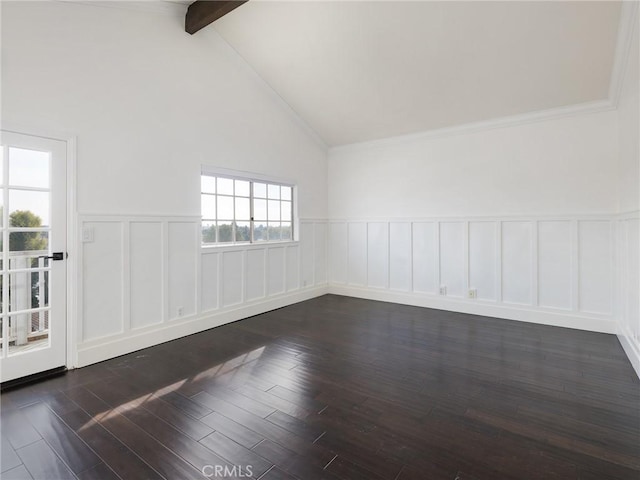 empty room with beamed ceiling, dark wood-type flooring, and high vaulted ceiling