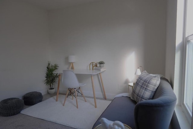 home office with plenty of natural light and carpet flooring