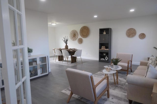 living room featuring dark wood-type flooring