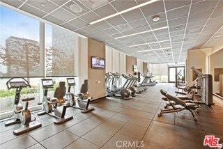 exercise room with expansive windows and a paneled ceiling