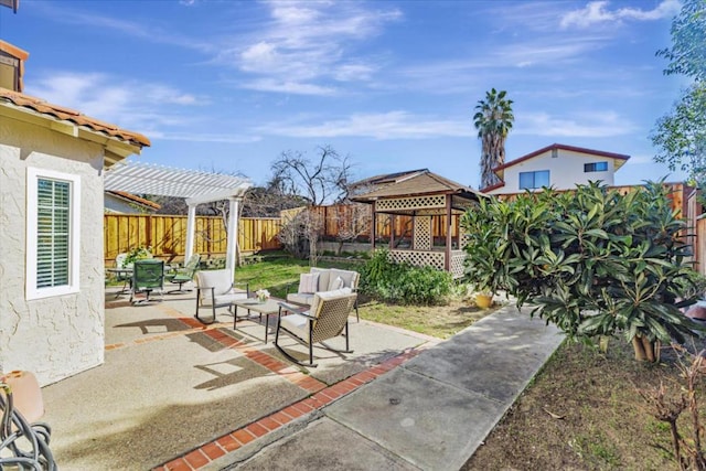 view of patio / terrace with a gazebo, an outdoor hangout area, and a pergola