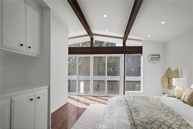 bedroom featuring wood finished floors, a wall mounted air conditioner, vaulted ceiling with beams, access to exterior, and recessed lighting