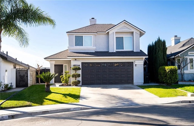 front facade featuring a garage and a front lawn