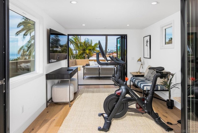 exercise area with light hardwood / wood-style flooring