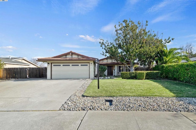 single story home featuring a garage and a front lawn