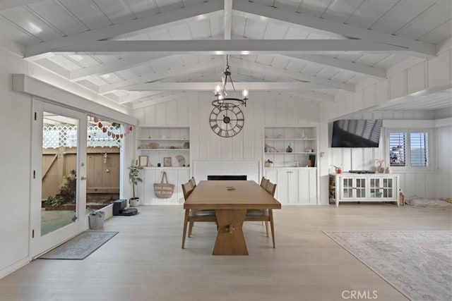 unfurnished dining area with built in shelves, vaulted ceiling with beams, wooden ceiling, light wood-type flooring, and a notable chandelier