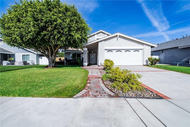 single story home with a garage and a front yard