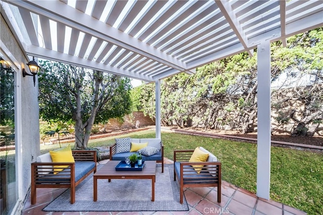 view of patio / terrace featuring a pergola and an outdoor hangout area