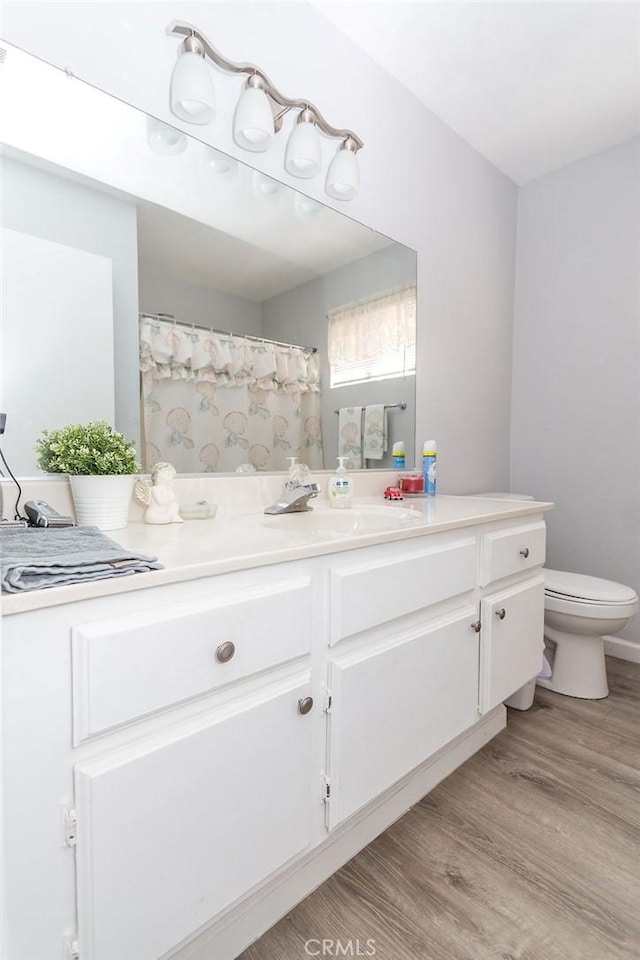 bathroom featuring vanity, wood-type flooring, and toilet