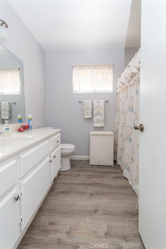 bathroom featuring vanity, hardwood / wood-style flooring, and toilet