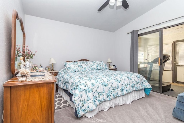 bedroom with lofted ceiling, light colored carpet, and ceiling fan