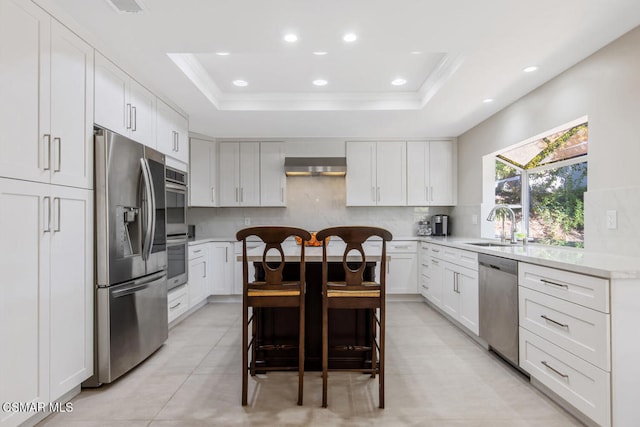 kitchen featuring a center island, stainless steel appliances, a kitchen bar, and a raised ceiling