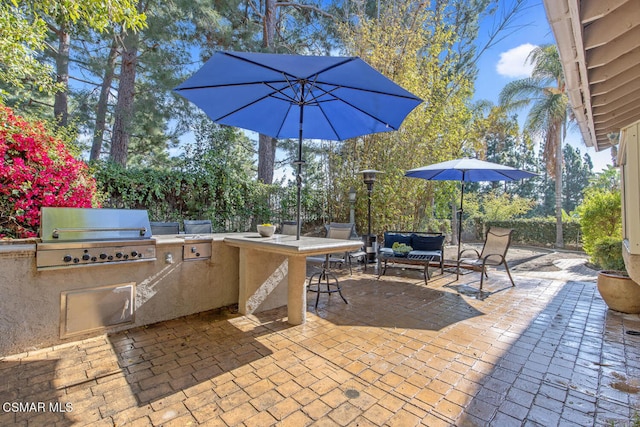 view of patio / terrace with area for grilling, an outdoor hangout area, an outdoor bar, and exterior kitchen